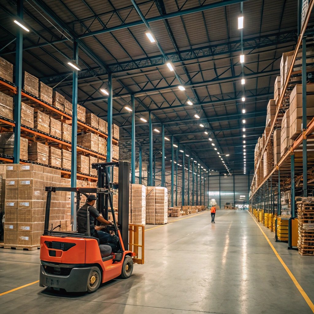 forklift working in a large warehouse