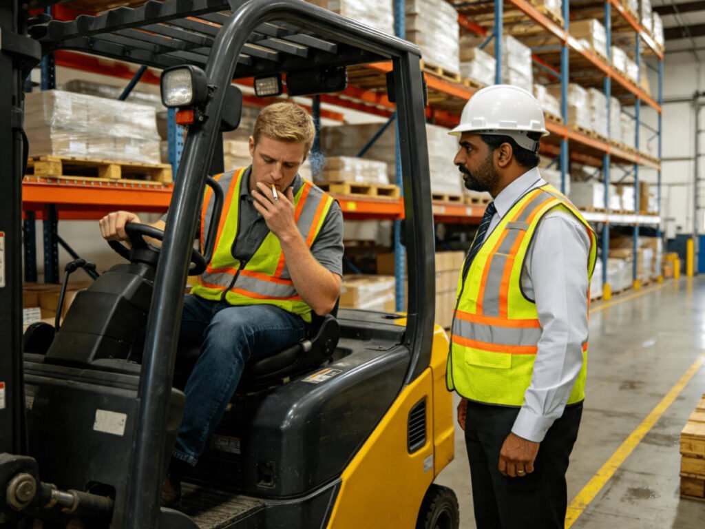 white worker smoker in the forklift